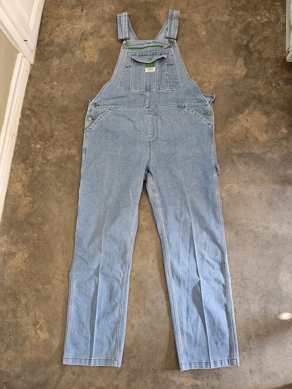 Liberty Overalls Light Blue Denim Jean Green Trim Overalls Size Large